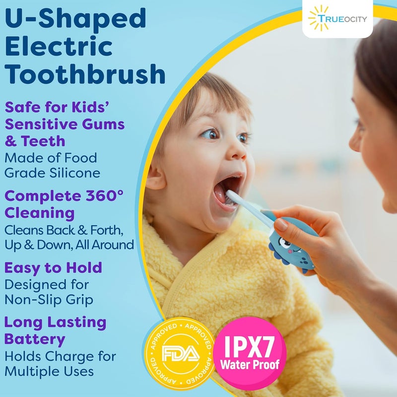 Trueocity Kids U Shape Toothbrush Auto Electric Toddler Rechargeable Kids Automatic Toothbrush | 360° U-Shaped Silicone Brush Head | Gentle Cleaning for Ages 2–7| Dinosaur Design (Blue) - Image 4